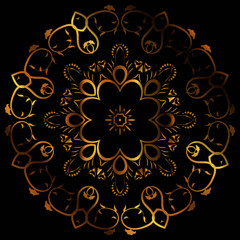 Luxury ornamental mandala design gold color on black background. Logo design template label for coffee; tea; business card. Isolated ornament. Vector Illustration.