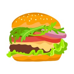 delicious, juicy hamburger. color illustration on a white background