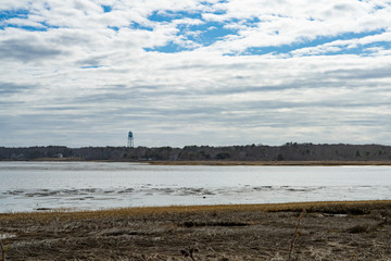 water tower across marsh