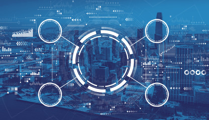 Tech circle with downtown San Francisco skyline buildings