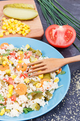 Fresh salad with couscous and vegetables as best nutritious food for dieting and slimming. Source vitamins and minerals