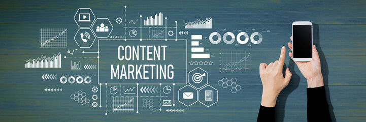 Content marketing concept with person using a white smartphone