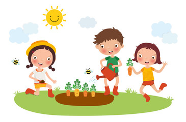 Planting, Growing and Harvesting carrot by kids, vector, illustration
