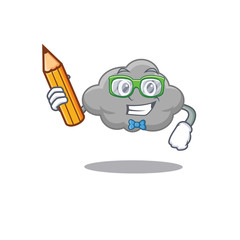 A brainy student grey cloud cartoon character with pencil and glasses