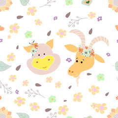 Seamless pattern with cute cartoon style Pets. Portrait of a pig and a goat. Vector illustration