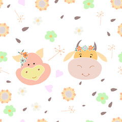 Seamless pattern with cute Pets in cartoon style. Portrait of a cow and a pig. Vector illustration