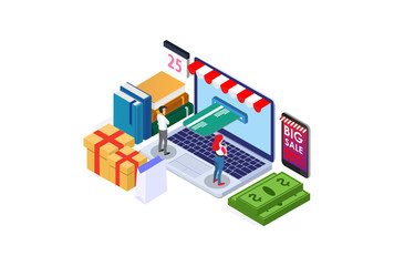 Modern Isometric Digital Smart Online Shopping E-Commerce Delivery Illustration in White Isolated Background With People and Digital Related Asset