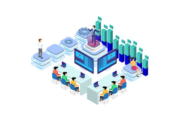 Modern Isometric Smart Online Webinar Training Technology with Hologram People in cloud Illustration, in White Isolated Background With People and Digital Related Asset