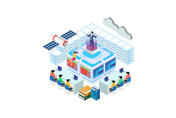 Modern Isometric Smart Online Webinar Training Technology with Hologram People in cloud Illustration, in White Isolated Background With People and Digital Related Asset