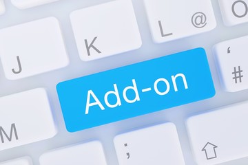 Add-on. Computer Tastatur von oben zeigt Taste mit Wort hervorgehoben. Software, Internet, Programm