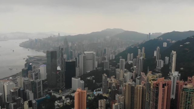 Hong Kong Island on a foggy and cloudy day drone