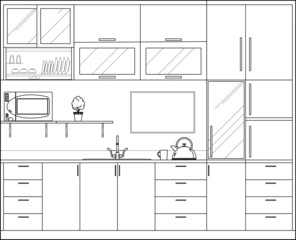 Kitchen and pantry side elevation drawing complete with cabinets, appliance and utensils in 2D CAD drawing. Drawing in black and white.  
