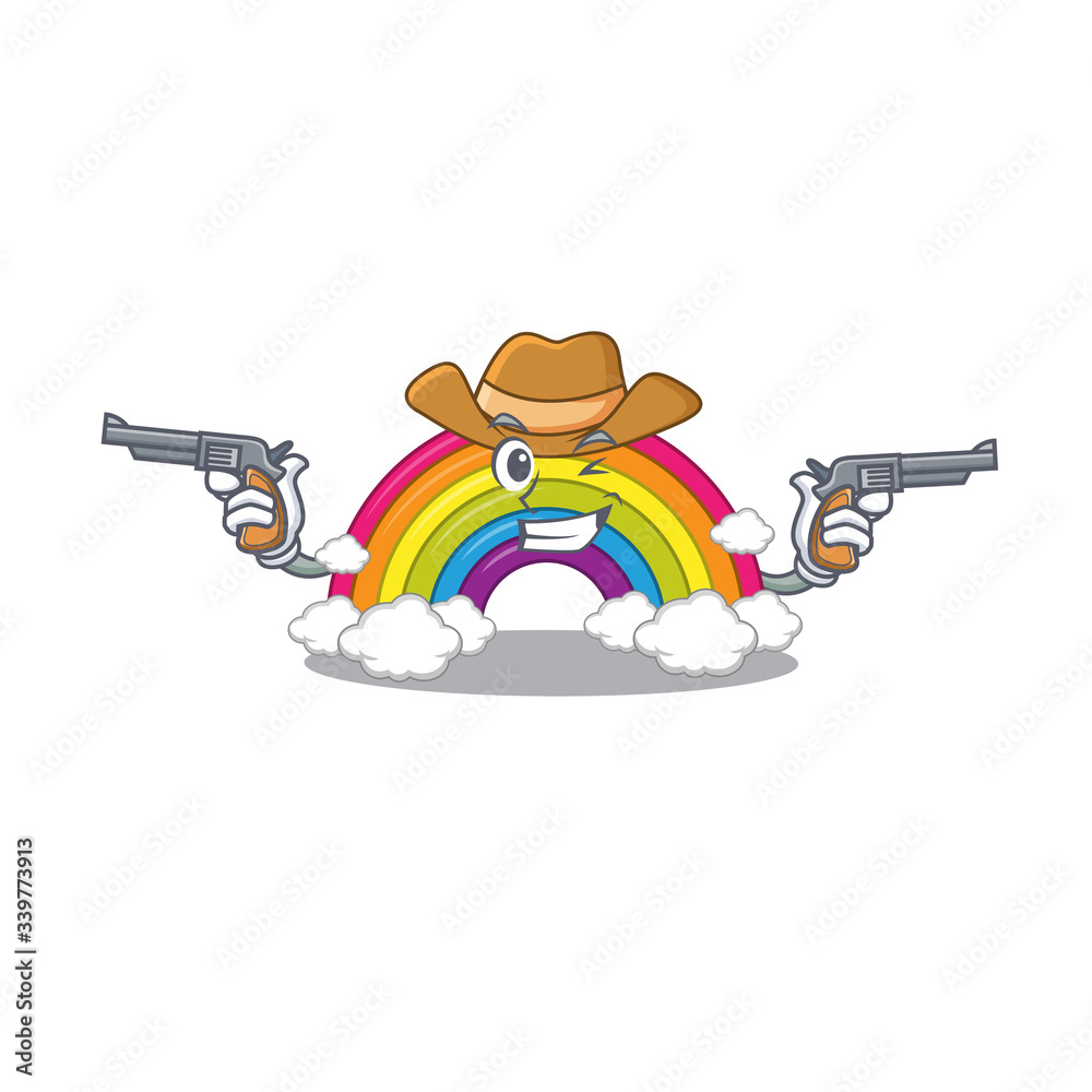 Sticker Cute handsome cowboy of rainbow cartoon character with guns