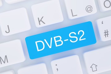 DVB-S2. Computer Tastatur von oben zeigt Taste mit Wort hervorgehoben. Software, Internet, Programm
