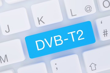 DVB-T2. Computer Tastatur von oben zeigt Taste mit Wort hervorgehoben. Software, Internet, Programm