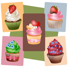 Colorful confectionery products. Sweet dessert. Small cake and cupcake. A set for creativity and design. Icons for websites. For celebration.
