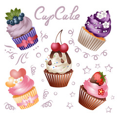 Cute cupcakes set on a white background. Isolated icons. Sweet pastries are decorated with various berries and sweets. A set for creativity and design. Icons for websites. For celebration.
