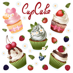 Colorful cupcakes are depicted on a white background. Isolated icons. Sweet pastries are decorated with various berries and sweets. A set for creativity and design. Icons for websites. For celebration