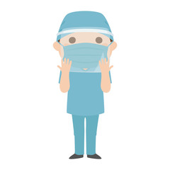 手術着を着た、フェイスシールドをつけてる男性医師。