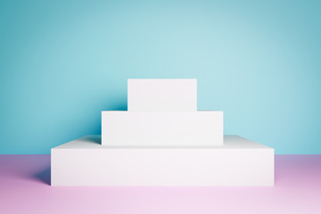 3D rendering. Сlose-up of the white isosceles pyramid, pedestal. A scene from rectangles on a pink...