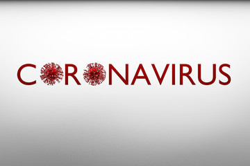 The inscription Coronovirus in red with a few microbes instead of letters on white isolated...