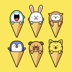 Cute Kawaii Animals in Ice Cream Cone 