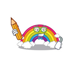 A brainy student rainbow cartoon character with pencil and glasses