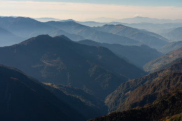 Landscape of Himalayas mountain range in a morning sunrise, Mera peak climbing route in Nepal