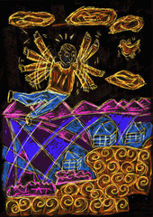 neon lamp 3d rendered man flying with bird .detail of a decorative ornament on the wall