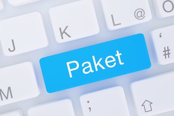 Paket. Computer Tastatur von oben zeigt Taste mit Wort hervorgehoben. Software, Internet, Programm