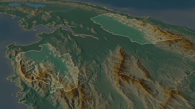 Ember&aacute;, indigenous territory with its capital, zoomed and extruded on the relief map of Panama in the conformal Stereographic projection. Animation 3D