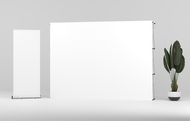 Roll up and Wall Stand Banner Mockup. 3D Render.