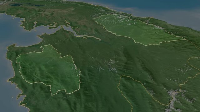 Ember&aacute;, indigenous territory with its capital, zoomed and extruded on the satellite map of Panama in the conformal Stereographic projection. Animation 3D