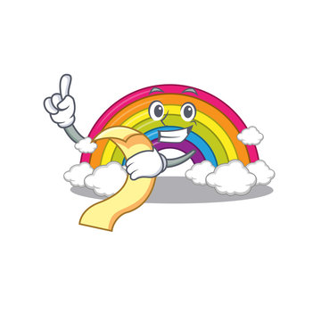 rainbow mascot character design with a menu on his hand
