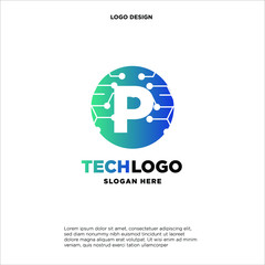 P Technology Circuit Alphabet. Logo. Simple, modern, futuristic. With Blue Gradation Color.
