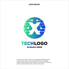 X Technology Circuit Alphabet. Logo. Simple, modern, futuristic. With Blue Gradation Color.