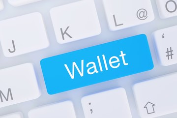 Wallet. Computer Tastatur von oben zeigt Taste mit Wort hervorgehoben. Software, Internet, Programm