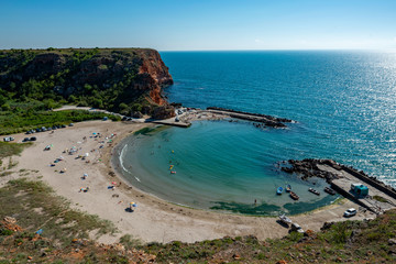 blue lagoon seen from above with the beach