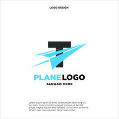big capital letter T slashed with a paper airplane. aeromode logo vector.