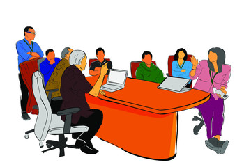
Simple Conceptual Vector, colorful Hand Draw Sketch, 8 People in The Meeting Situation
