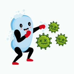 Cute Hand Soap Cartoon Character Versus Coronavirus Vector Illustration