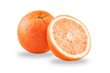 Macro photo of whole fruit orange and slice isolated on white background with shadows