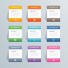 Infographics rectangle paper index with 9 data template. Vector illustration abstract background. Can be used for workflow layout, business step, banner, web design.
