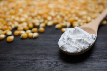 Close-up of corn seed in wooden spoon on black background