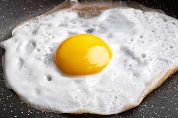 Closeup photo of fried egg on the pan surface