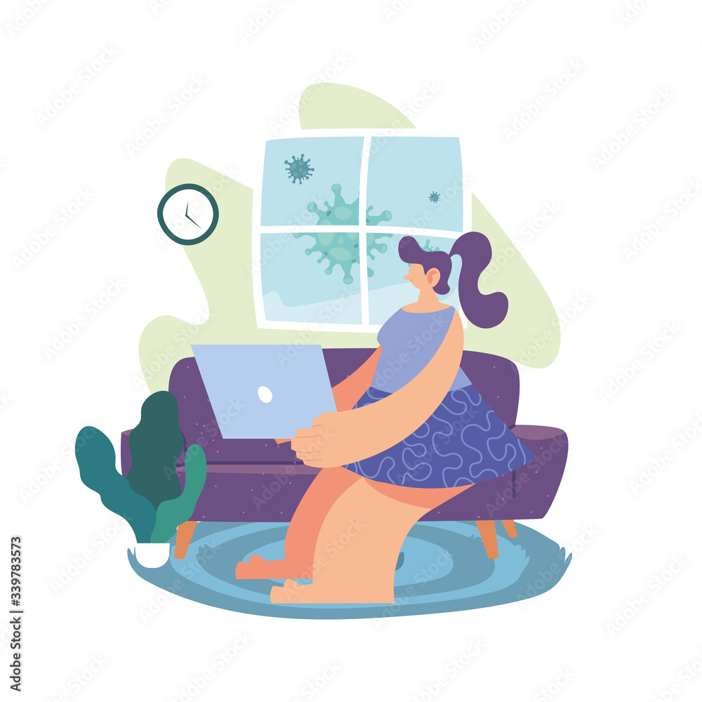 Sticker woman working at home, quarantine by coronavirus