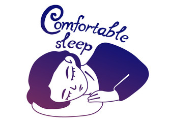 The girl sleeps on a soft orthopedic pillow. Lettering comfortable sleep. Vector isolated stylized gradient illustration for online stores, articles, blogs. Healthy neck, quality sleep, good rest.