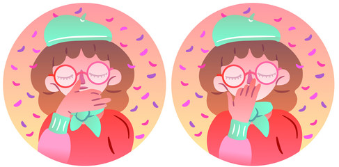 Romantic cute illustration of a girl in a beret makes alternative nostril breathing. Vector isolated illustration of pranayama in the spring season. Breathing practice to calm the nervous system.