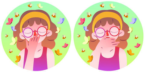 Cute girl in glasses does pranayama in nature. Vector isolated illustration with different positions of the hands for breathing practice. Recreational exercises in the fresh air in the summer. 