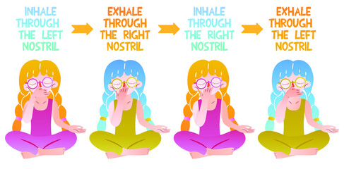 Cute vector pranayama instruction with girls sitting in lotus position and closing their nostrils alternately. Isolated illustration for beginners in breathing practices. Yoga, meditation.